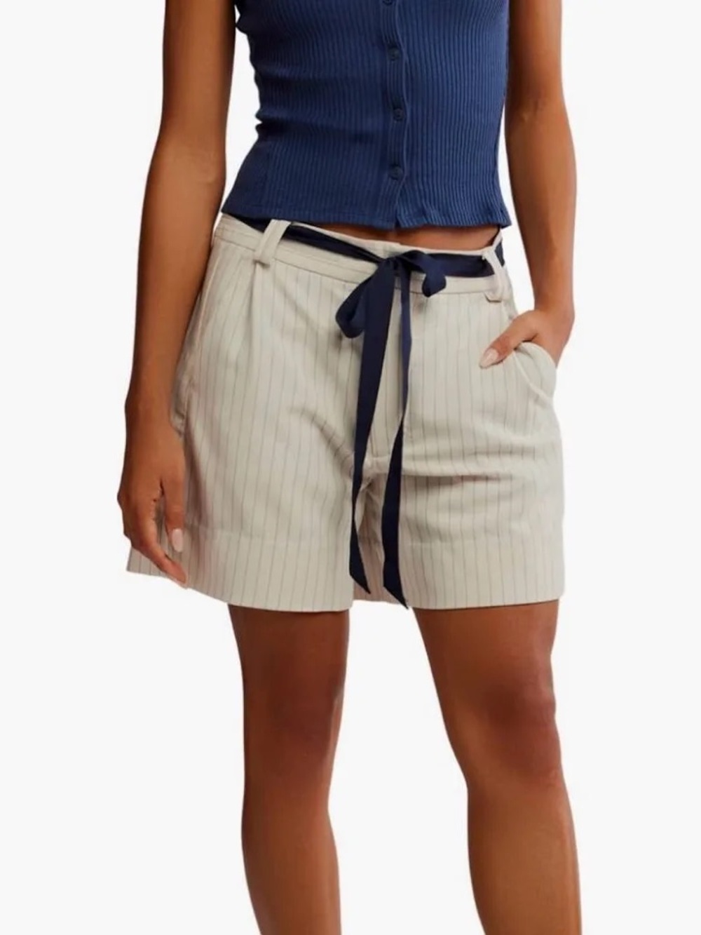 Free People Cream Pinstripe Tie-Waist Shorts with Navy Belt